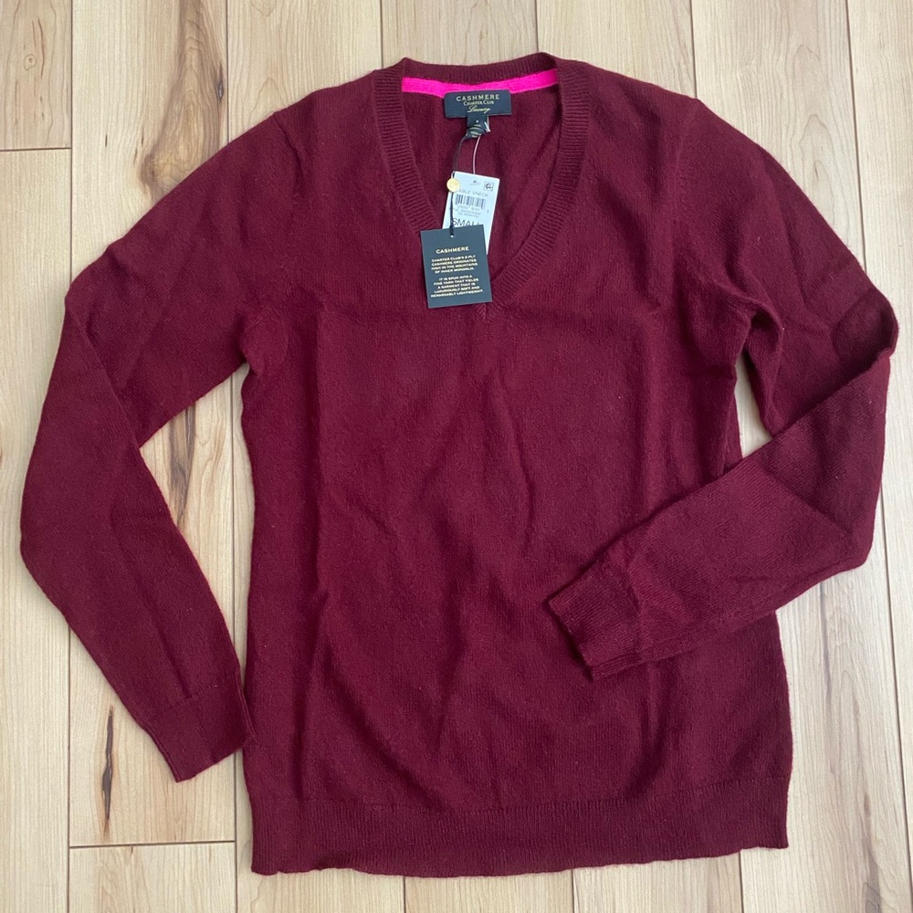 Charter Club Deep Red Cashmere Sweater with Pink Trim